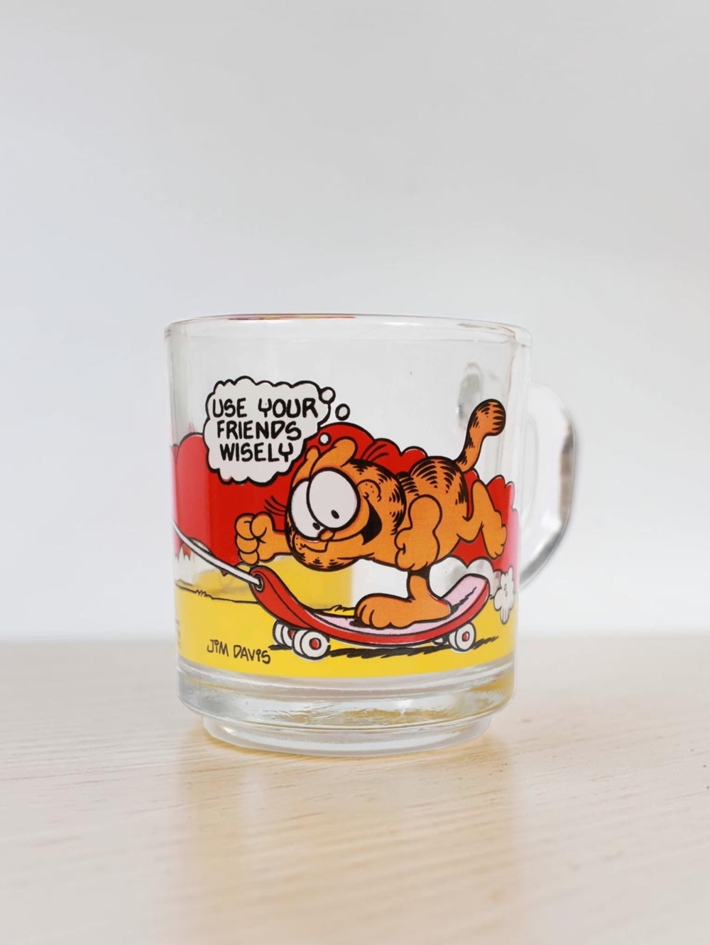 1978 McDonald's Garfield Glass Mug with Odie Skateboarding Cartoon Vintage